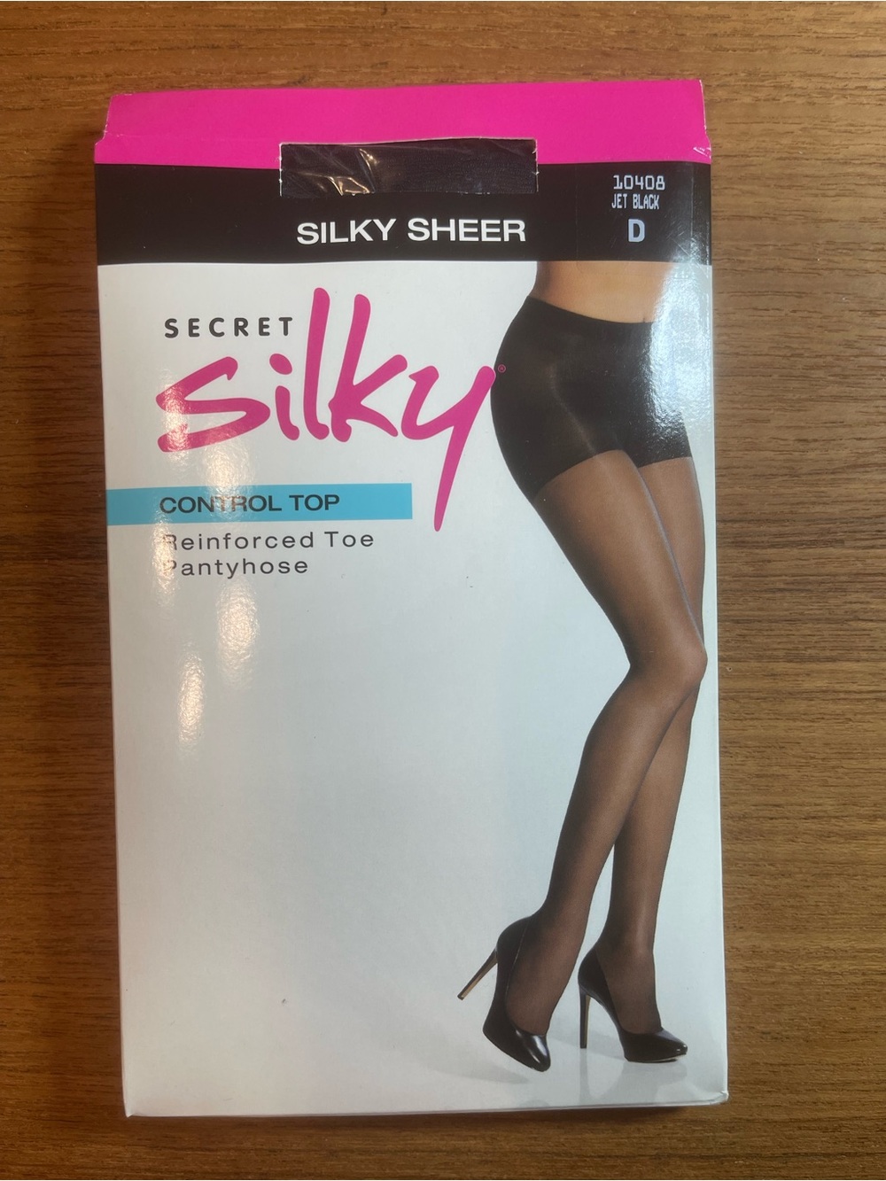 Secret Silky Sheer Control Top Reinforced Toe Pantyhose Jet Black Size D 20 Den